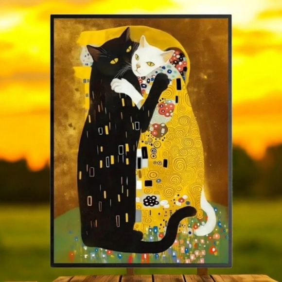 Gustav Klimt The Kiss styled black & white cats, unframed canvas print - Picture 1 of 4